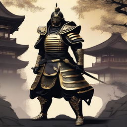 Generate an image of a regal samurai, decked in black armor and lavish gold accents