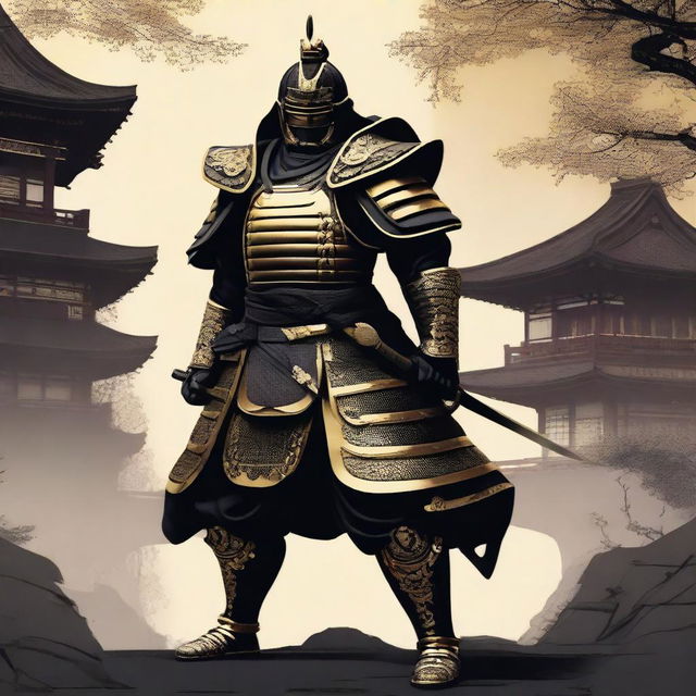 Generate an image of a regal samurai, decked in black armor and lavish gold accents