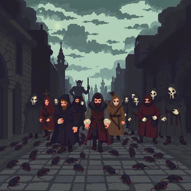 Pixel art depicting a scene of the plague, featuring ominous dark clouds in a pixelated sky, with pixel characters in medieval attire, some wearing masks and others in tattered clothing, walking through a cobblestone street littered with rats