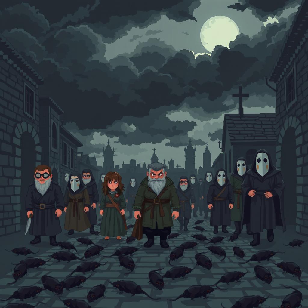 Pixel art depicting a scene of the plague, featuring ominous dark clouds in a pixelated sky, with pixel characters in medieval attire, some wearing masks and others in tattered clothing, walking through a cobblestone street littered with rats