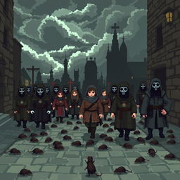 Pixel art depicting a scene of the plague, featuring ominous dark clouds in a pixelated sky, with pixel characters in medieval attire, some wearing masks and others in tattered clothing, walking through a cobblestone street littered with rats