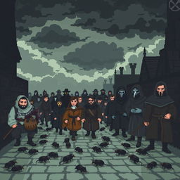 Pixel art depicting a scene of the plague, featuring ominous dark clouds in a pixelated sky, with pixel characters in medieval attire, some wearing masks and others in tattered clothing, walking through a cobblestone street littered with rats