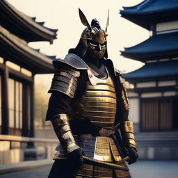 Generate an image of a regal samurai, decked in black armor and lavish gold accents