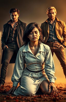 A visually striking scene featuring a crying damsel with a collar, kneeling helplessly on the ground