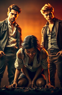 A visually striking scene featuring a crying damsel with a collar, kneeling helplessly on the ground