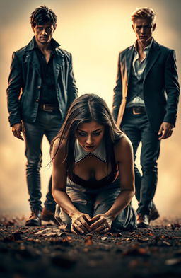 A visually striking scene featuring a crying damsel with a collar, kneeling helplessly on the ground