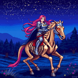 A pixel art scene depicting a female knight riding a skeletal horse