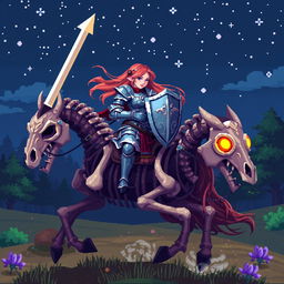 A pixel art scene depicting a female knight riding a skeletal horse