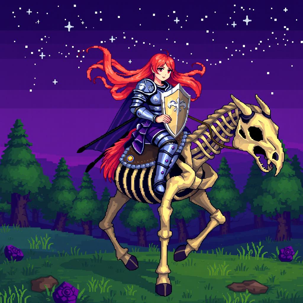 A pixel art scene depicting a female knight riding a skeletal horse