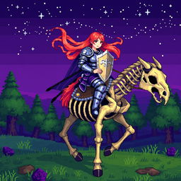 A pixel art scene depicting a female knight riding a skeletal horse