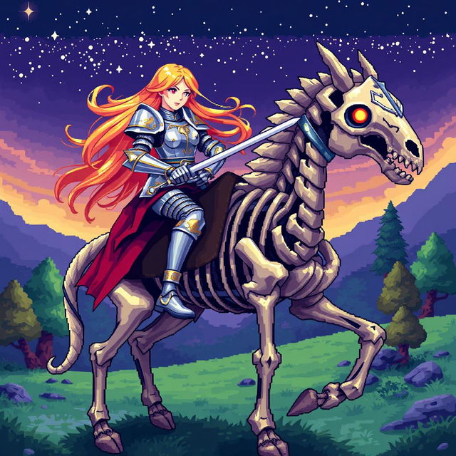 A pixel art scene depicting a female knight riding a skeletal horse