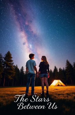 Two teenagers holding hands under a starry sky at a campsite