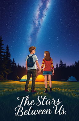 Two teenagers holding hands under a starry sky at a campsite
