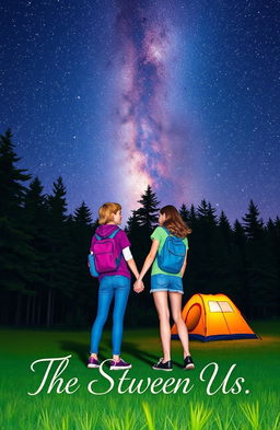 Two teenagers holding hands under a starry sky at a campsite