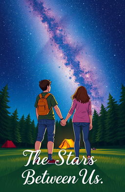 Two teenagers holding hands under a starry sky at a campsite