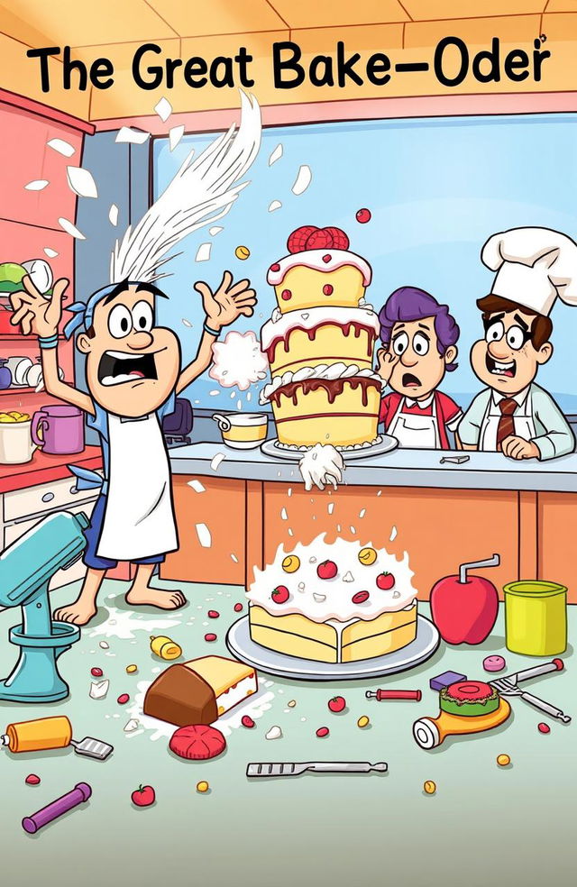 A vibrant and humorous scene from a cooking competition titled 'The Great Bake-Off Blunder', featuring a chaotic kitchen setting with cartoonish characters