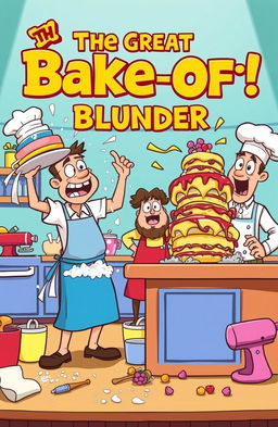 A vibrant and humorous scene from a cooking competition titled 'The Great Bake-Off Blunder', featuring a chaotic kitchen setting with cartoonish characters