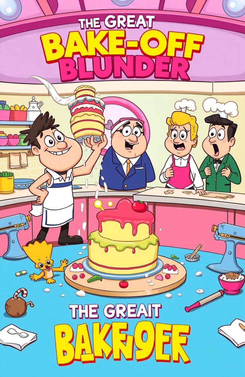 A vibrant and humorous scene from a cooking competition titled 'The Great Bake-Off Blunder', featuring a chaotic kitchen setting with cartoonish characters