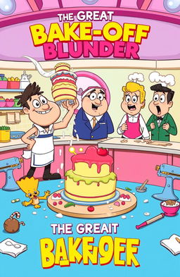 A vibrant and humorous scene from a cooking competition titled 'The Great Bake-Off Blunder', featuring a chaotic kitchen setting with cartoonish characters