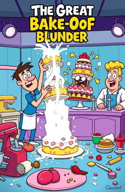 A vibrant and humorous scene from a cooking competition titled 'The Great Bake-Off Blunder', featuring a chaotic kitchen setting with cartoonish characters