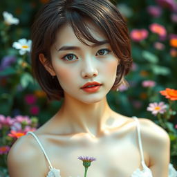 A beautiful and artistic portrayal of a young woman with short hair, exuding an innocent and ethereal vibe