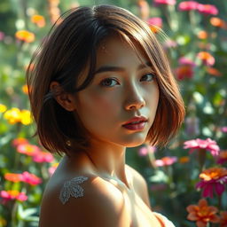 A beautiful and artistic portrayal of a young woman with short hair, exuding an innocent and ethereal vibe