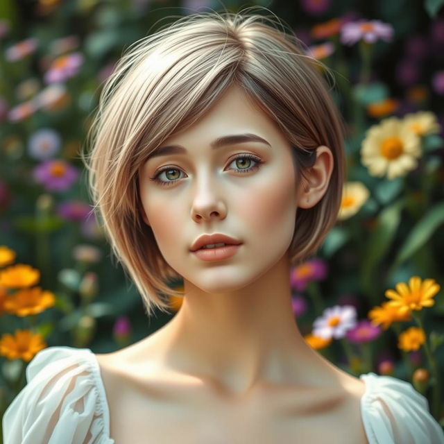 A beautiful and artistic portrayal of a young woman with short hair, exuding an innocent and ethereal vibe