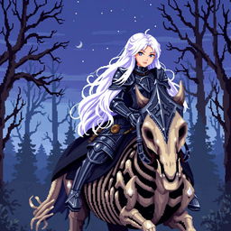 A pixel art scene depicting a female knight with long white hair riding a skeleton horse