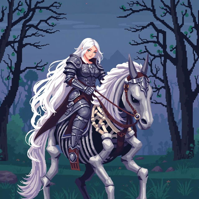 A pixel art scene depicting a female knight with long white hair riding a skeleton horse