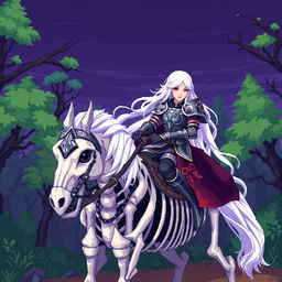 A pixel art scene depicting a female knight with long white hair riding a skeleton horse