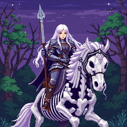 A pixel art scene depicting a female knight with long white hair riding a skeleton horse