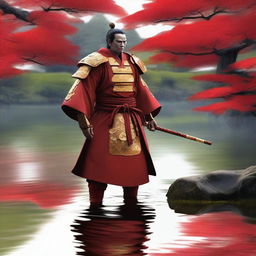 Generate an image of a regal samurai, adorned in striking red armor skillfully decorated with gold accents