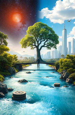 A serene and compelling scene depicting the theme of 'Between the Past and the Future, There is the Present