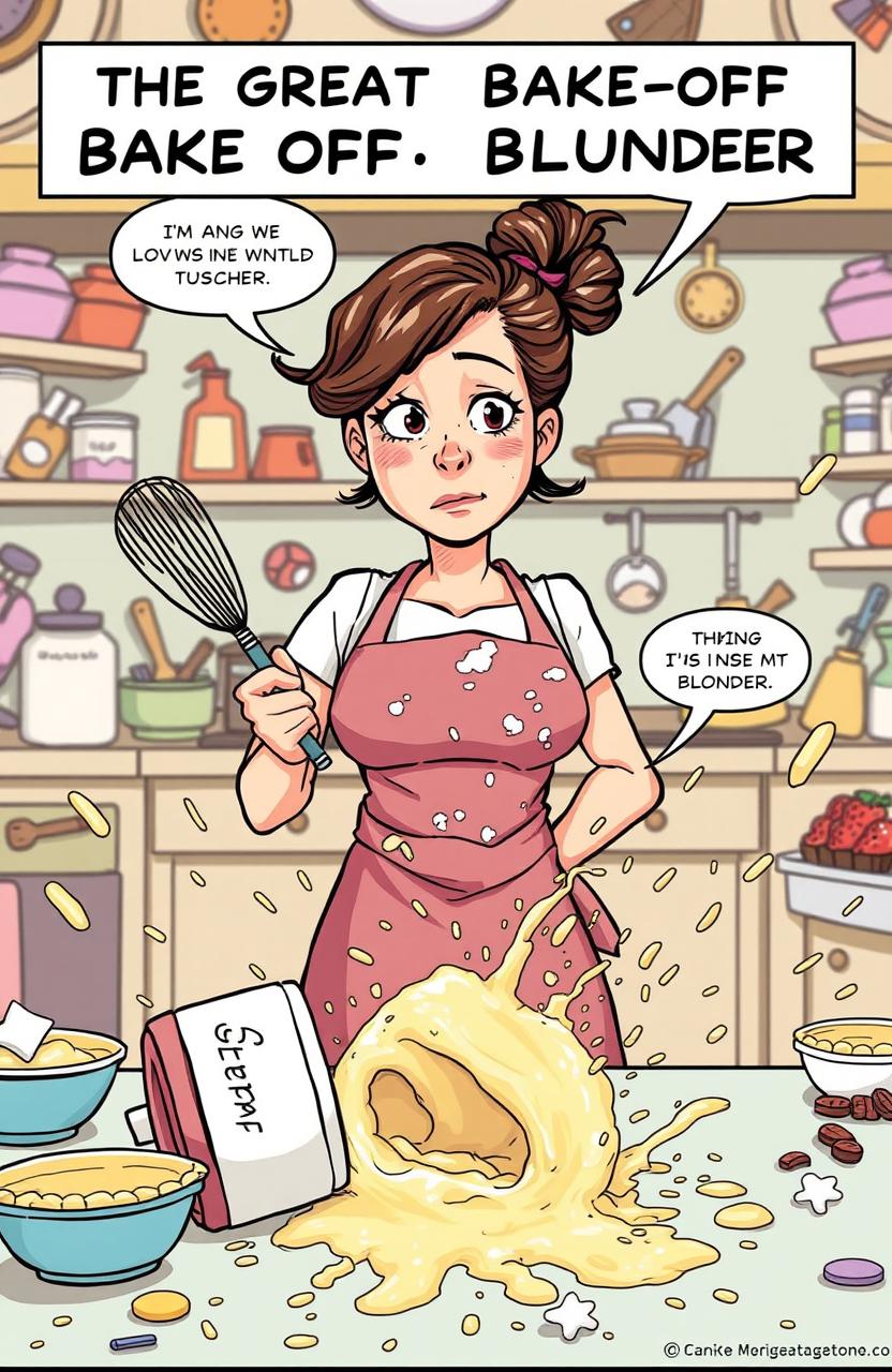 A vibrant comic scene titled 'The Great Bake-Off Blunder'