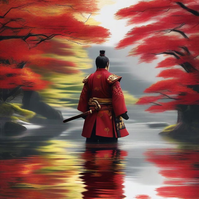 Generate an image of a regal samurai, adorned in striking red armor skillfully decorated with gold accents