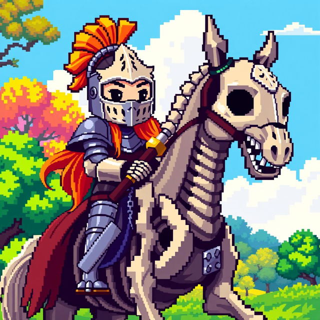 A pixel art style depiction of a knight girl wearing a detailed helmet, riding on a skeleton horse