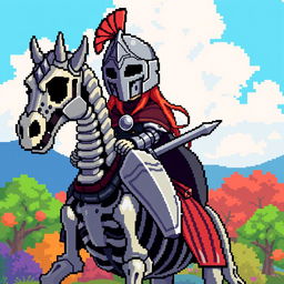 A pixel art style depiction of a knight girl wearing a detailed helmet, riding on a skeleton horse