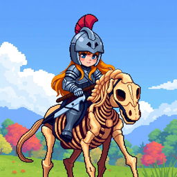 A pixel art style depiction of a knight girl wearing a detailed helmet, riding on a skeleton horse