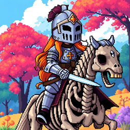 A pixel art style depiction of a knight girl wearing a detailed helmet, riding on a skeleton horse