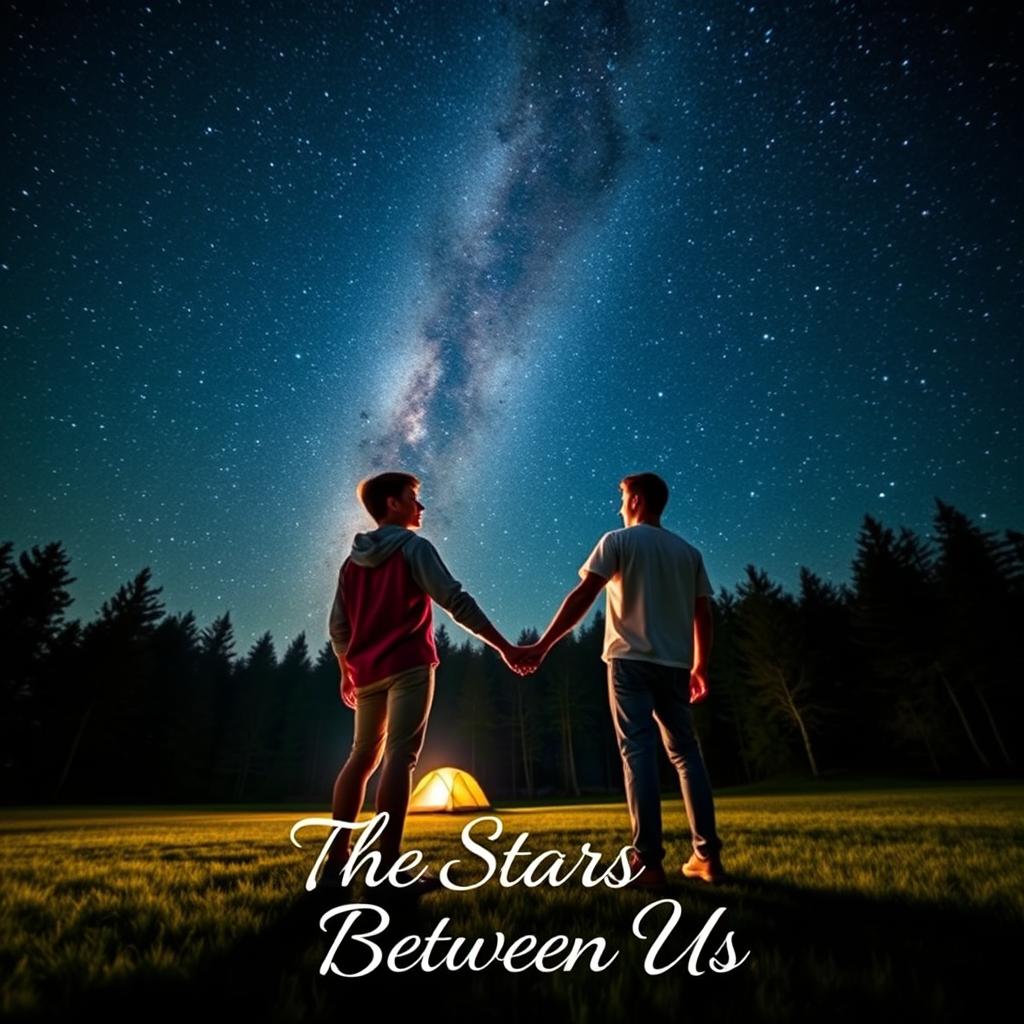 Two male teenagers holding hands under a starry sky at a campsite