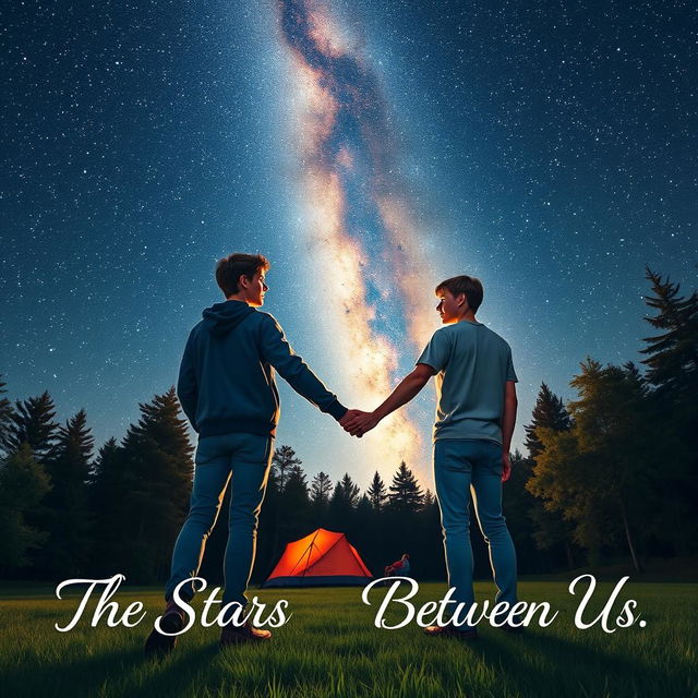 Two male teenagers holding hands under a starry sky at a campsite