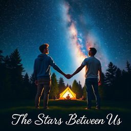 Two male teenagers holding hands under a starry sky at a campsite