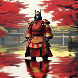 Generate an image of a regal samurai, adorned in striking red armor skillfully decorated with gold accents