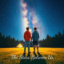 Two male teenagers holding hands under a starry sky at a campsite