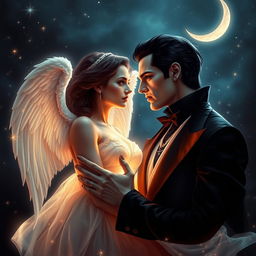 A sexy, dangerous vampire with piercing eyes and sharp features, wearing a dark, elegant attire, gazes longingly into the eyes of a glowing angel