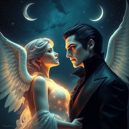 A sexy, dangerous vampire with piercing eyes and sharp features, wearing a dark, elegant attire, gazes longingly into the eyes of a glowing angel