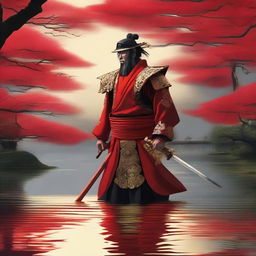 Generate an image of a regal samurai, adorned in striking red armor skillfully decorated with gold accents