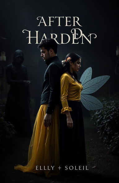 A dramatic scene set in a dark garden, featuring a man fully dressed in black and a woman wearing a bright yellow shirt paired with a fairy-like long skirt