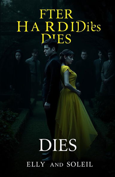 A dramatic scene set in a dark garden, featuring a man fully dressed in black and a woman wearing a bright yellow shirt paired with a fairy-like long skirt