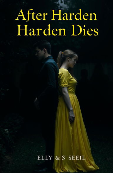 A dramatic scene set in a dark garden, featuring a man fully dressed in black and a woman wearing a bright yellow shirt paired with a fairy-like long skirt